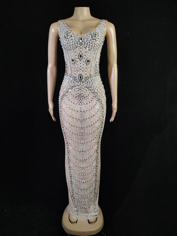 MQTIME  -   Women Celebrate Prom Birthday Dress Photography Outfit Sparkly Rhinestones Pearls See Through Long Dress Singer Sexy Show Wear